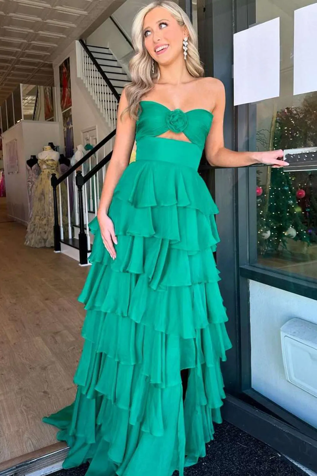 A-Line Strapless Tiered Green Formal Dress V-Neck Layered Prom Gown Chiffon sold by My Chic Dress