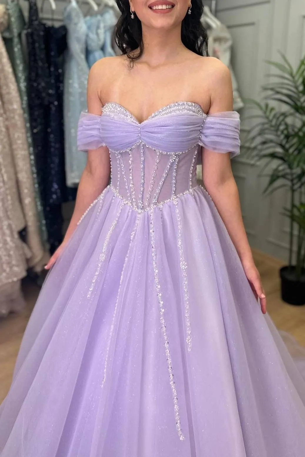 Off Shoulder Lavender Prom Dress A-Line Tulle with Beaded sold by My Chic Dress product image thumbnail 3