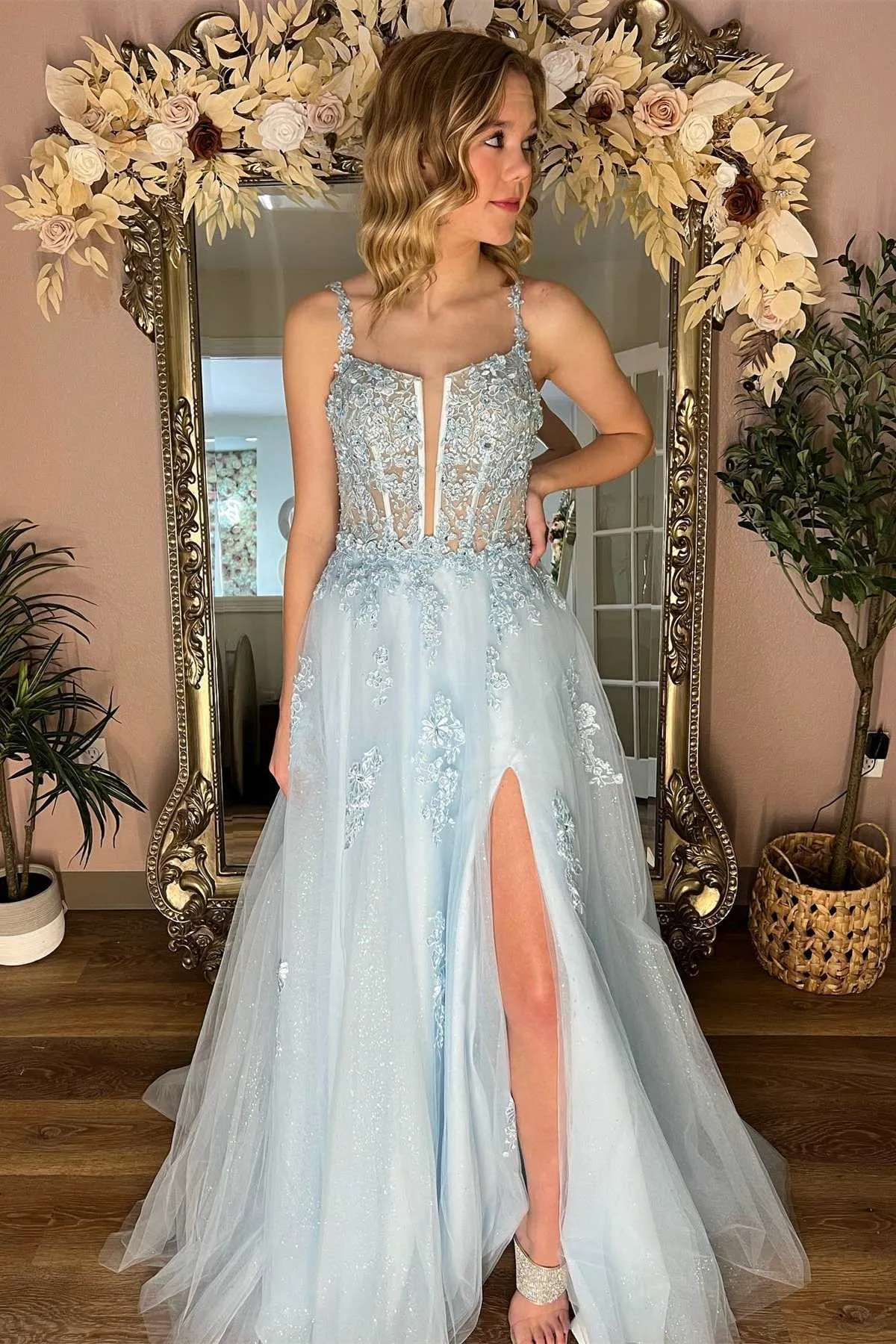 Shop 2025 Light Blue Prom Dress Near Me Appliques a line Spaghetti Straps sold by My Chic Dress