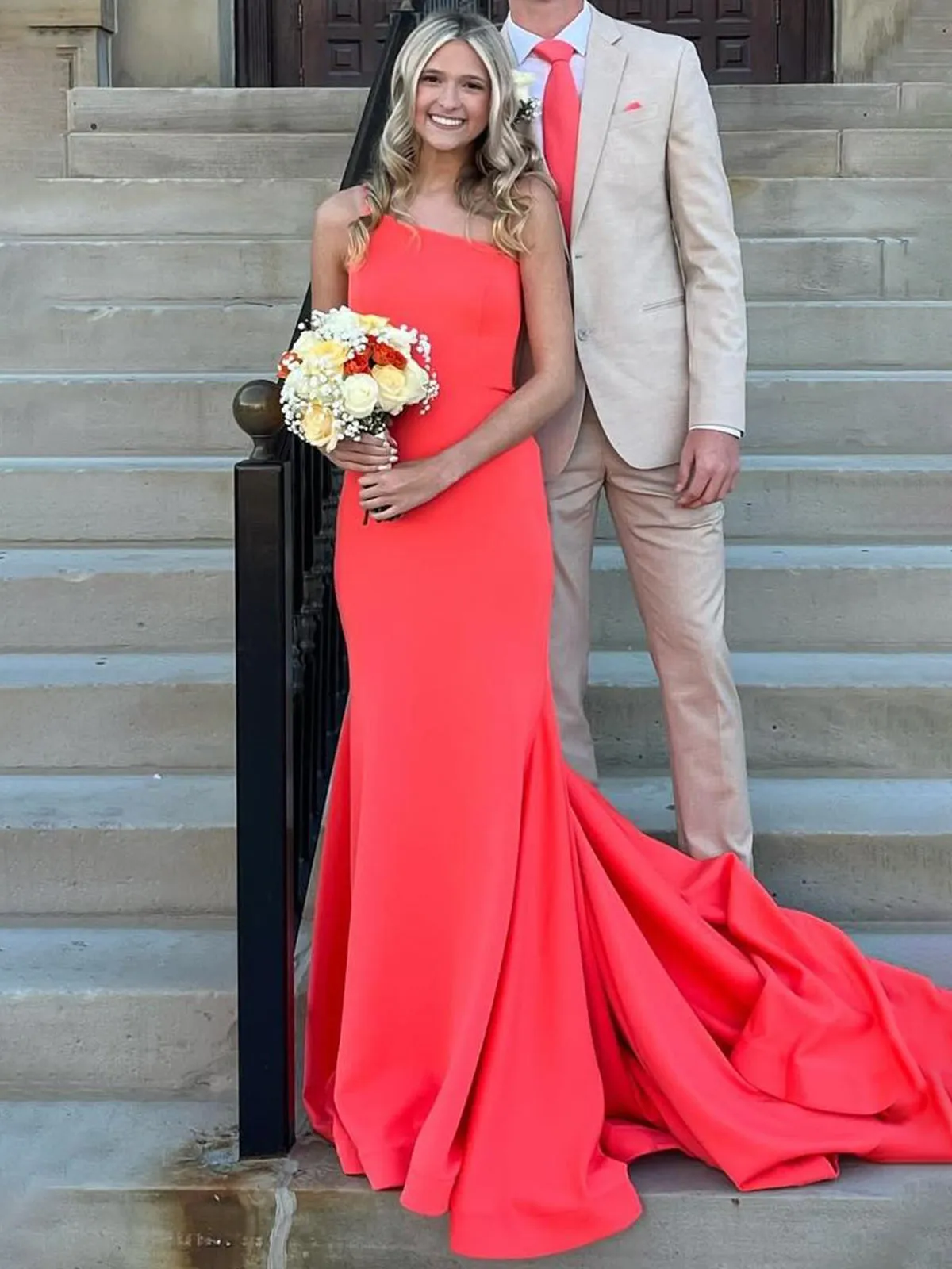Elegant One Shoulder Orange Prom Dress Mermaid Sleeveless Satin Gowns sold by My Chic Dress product image thumbnail 2