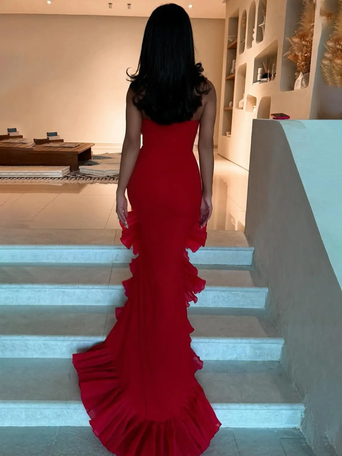 Red Strapless Prom Dresses Ruffles Mermaid Sleeveless Long Evening Gown sold by My Chic Dress product image thumbnail 2