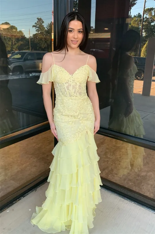 2025 Yellow Prom Dresses Ruffles Lace Appliques Long Dress Cold Shoulder sold by My Chic Dress