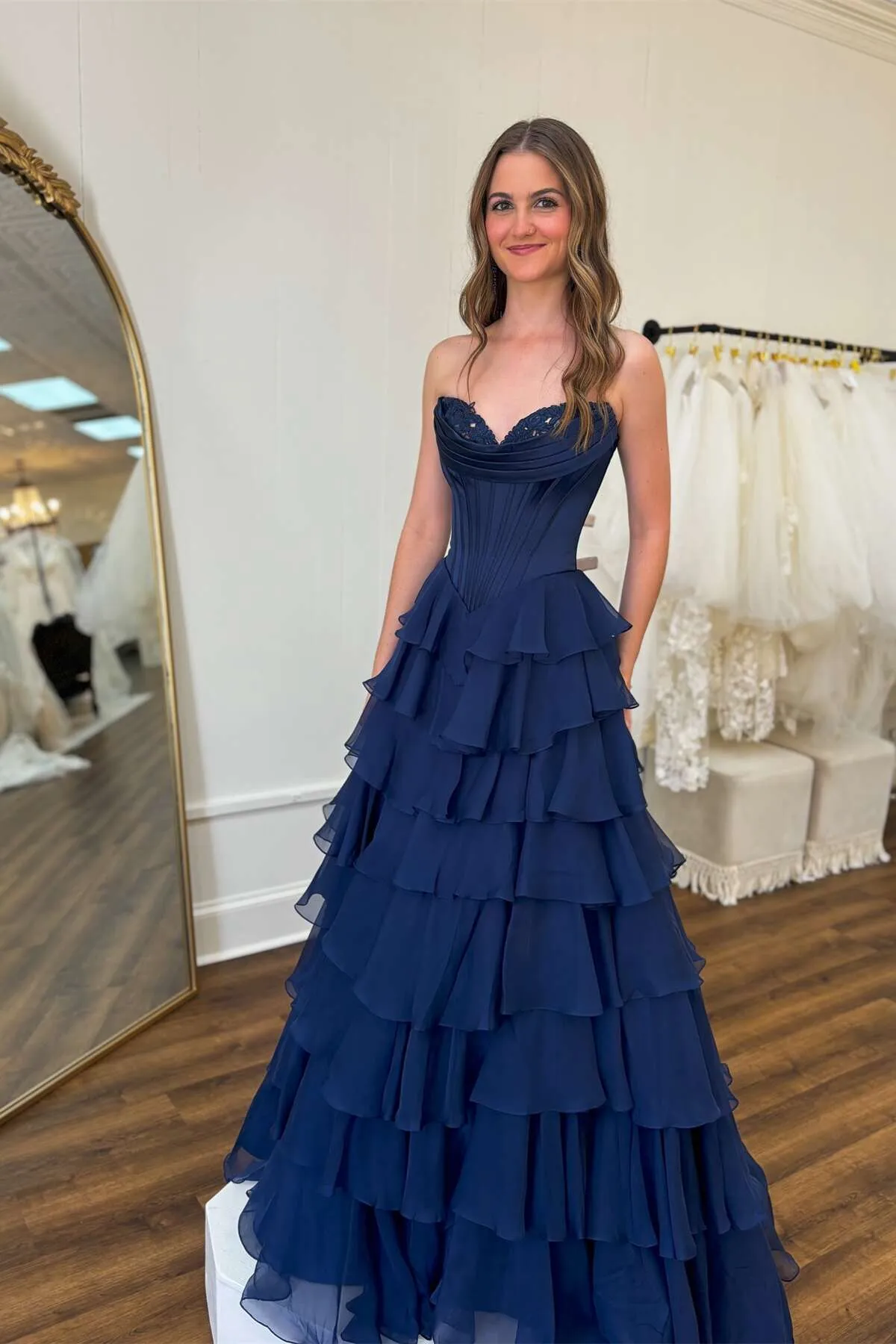 Navy Blue Lace Chiffon Tiered prom Dress Strapless with Ruffles sold by My Chic Dress product image thumbnail 5