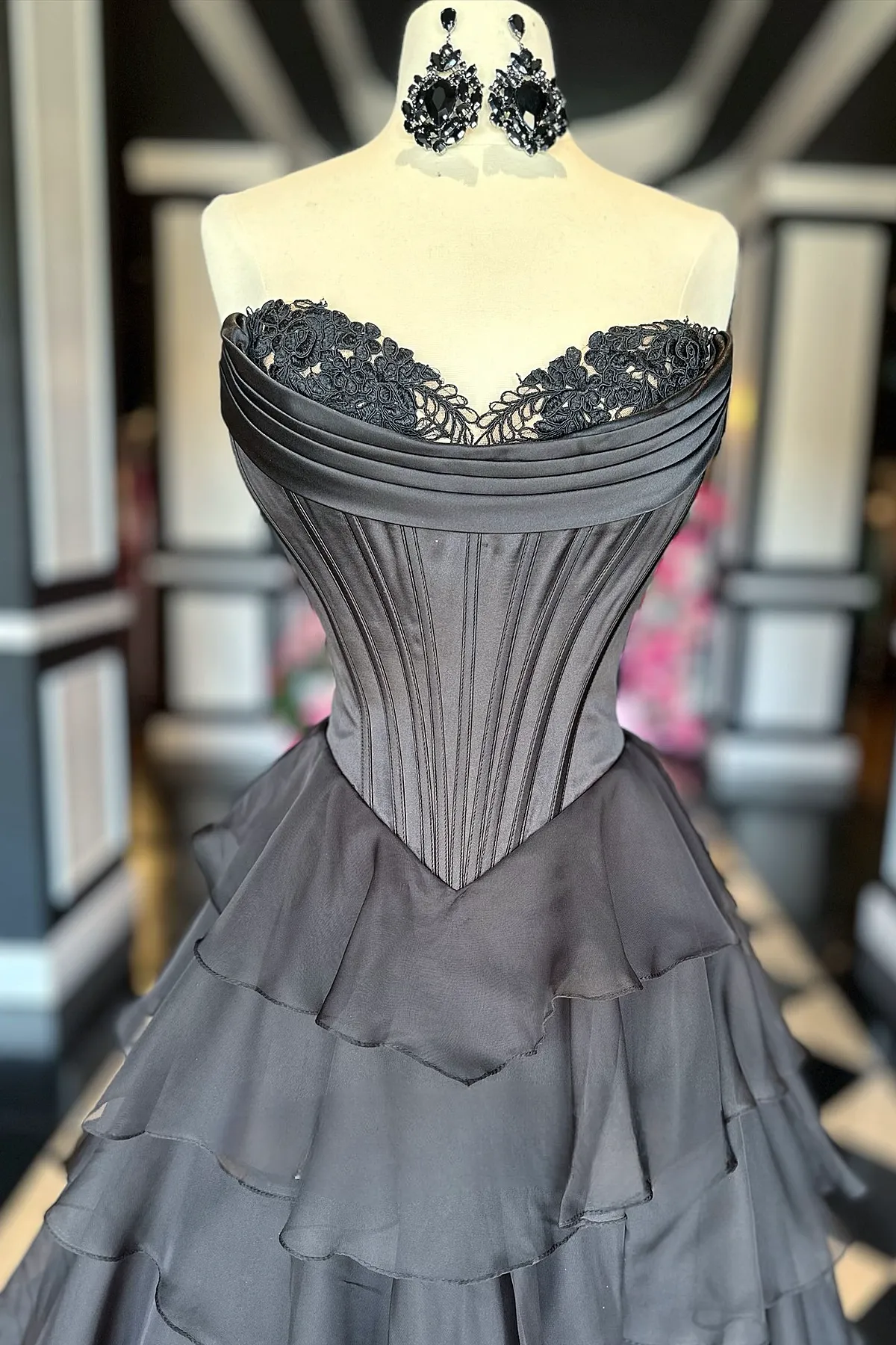 Navy Blue Lace Chiffon Tiered prom Dress Strapless with Ruffles sold by My Chic Dress product image thumbnail 3