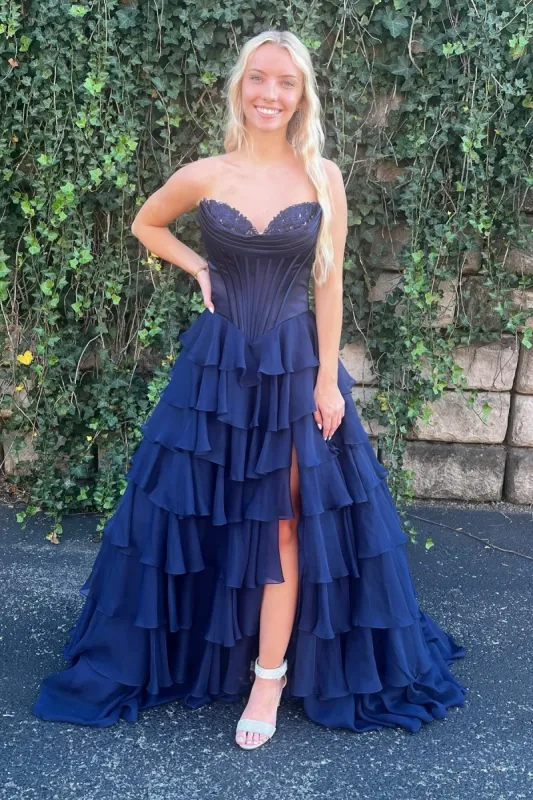 Navy Blue Lace Chiffon Tiered prom Dress Strapless with Ruffles sold by My Chic Dress