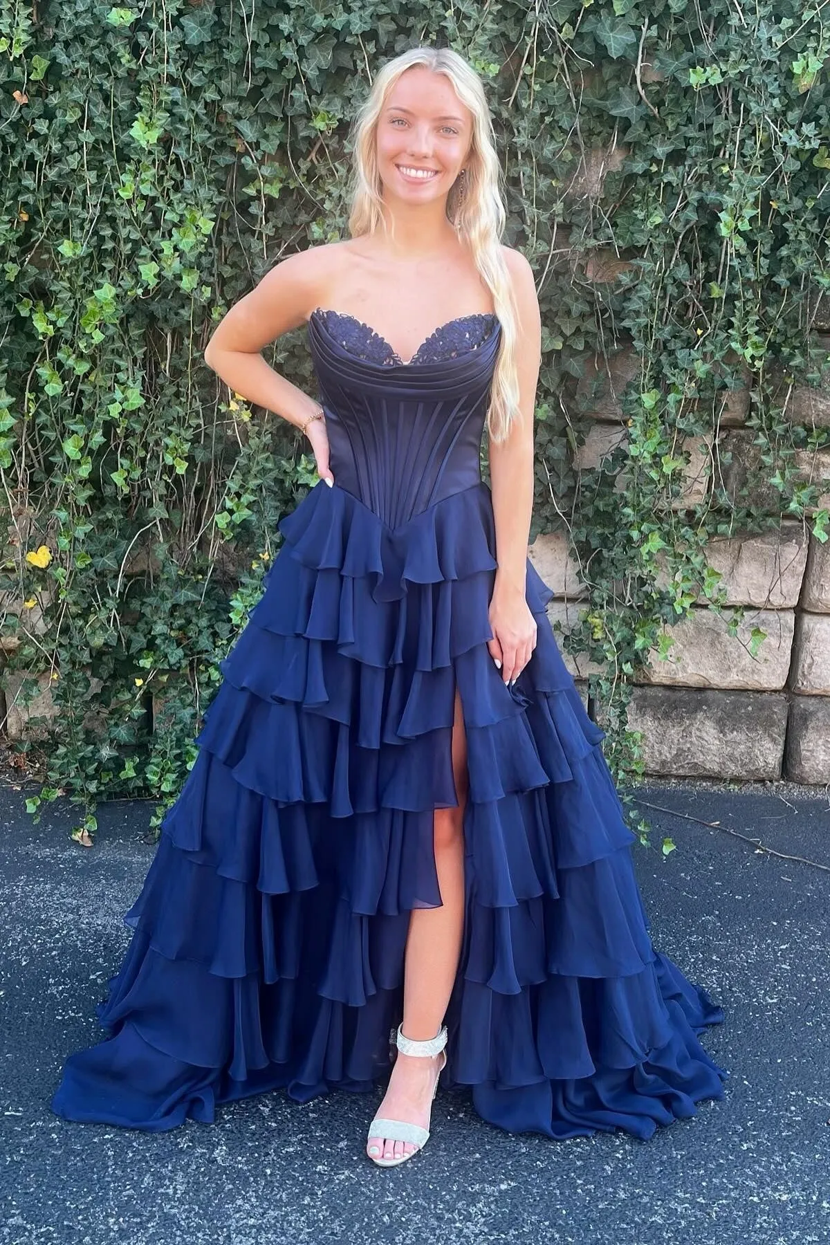 Navy Blue Lace Chiffon Tiered prom Dress Strapless with Ruffles sold by My Chic Dress