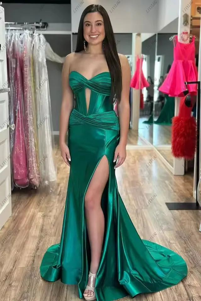 Cheap Emerald Green Satin Prom Dresses Long Formal Gown with split sold by My Chic Dress