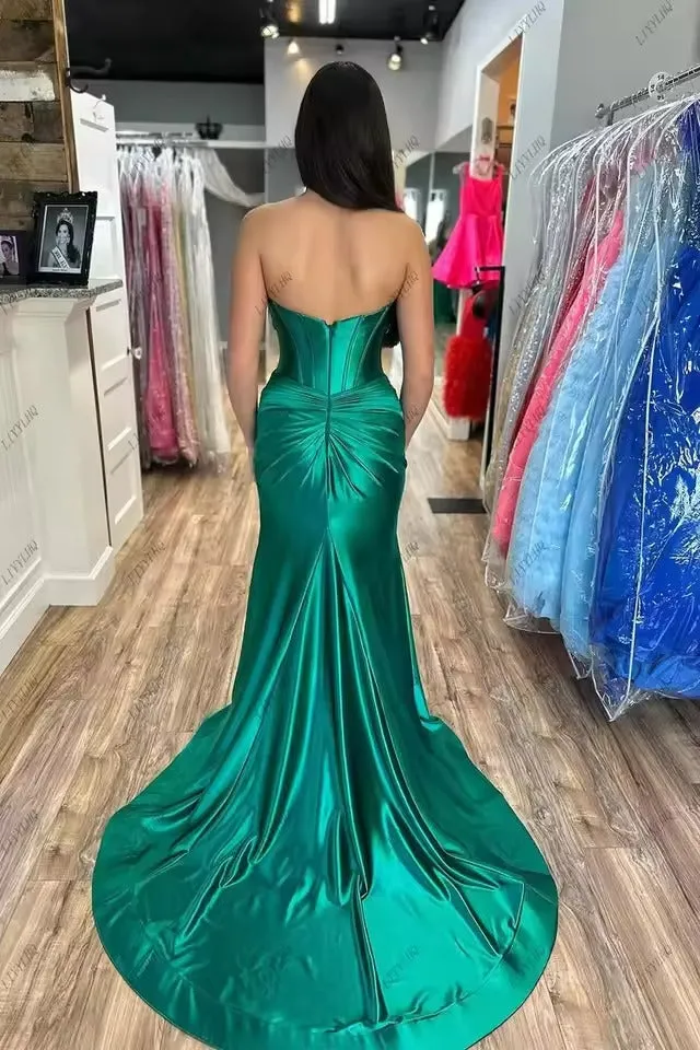 Cheap Emerald Green Satin Prom Dresses Long Formal Gown with split sold by My Chic Dress product image thumbnail 2