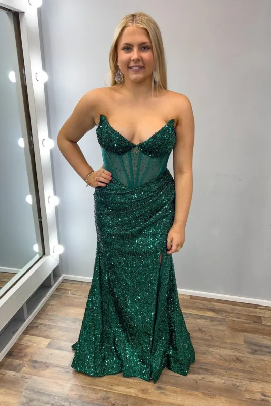 Mermaid Emerald Green Prom Dresses V Neck Sequin Long Evening Dress sold by My Chic Dress