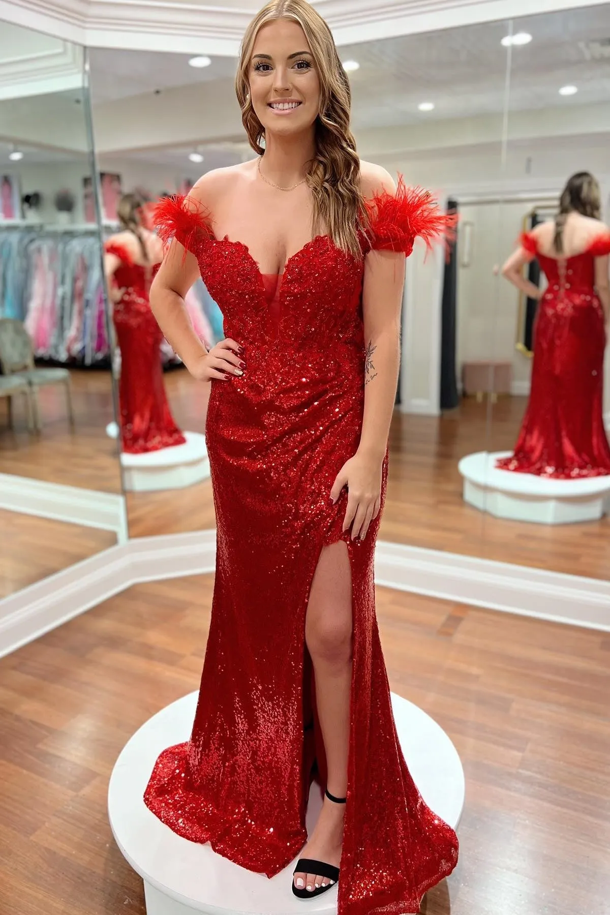 Red Sequin Formal Dresses with Feathers Mermaid Off the Shoulder sold by My Chic Dress
