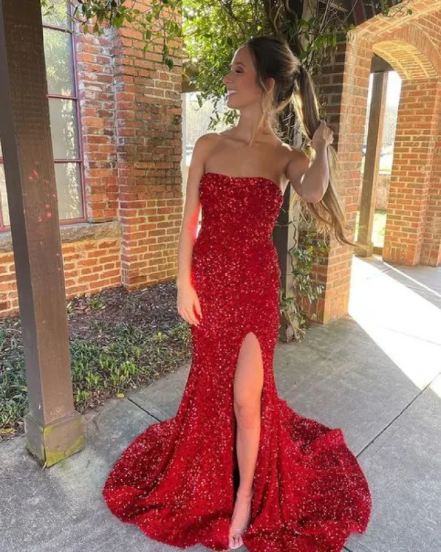 Sparkly Red Sequins Strapless Evening Dress UK Mermaid Sweetheart sold by My Chic Dress