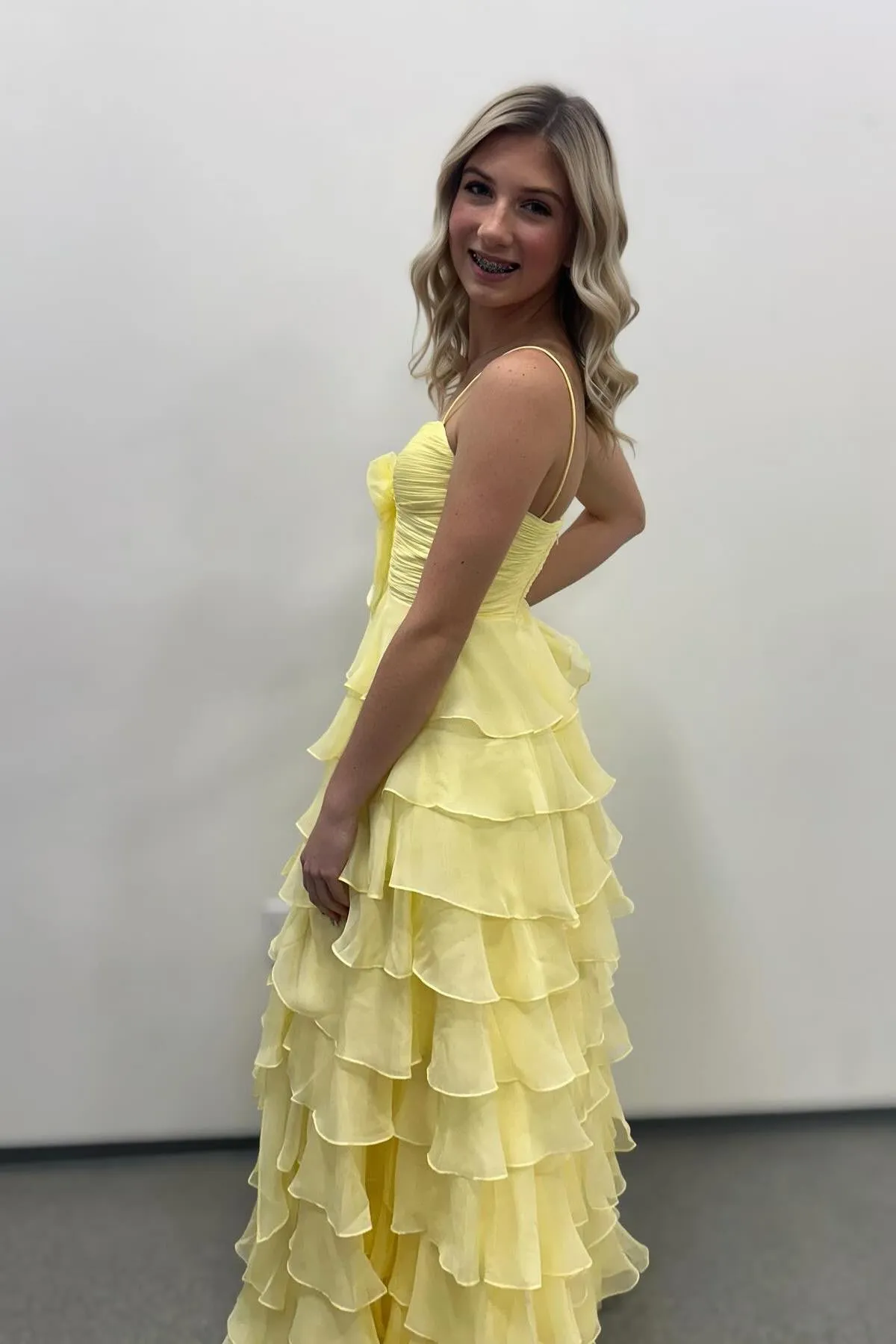 Long Ruffle Straps Yellow Tiered Prom Dress Chiffon sold by My Chic Dress product image thumbnail 2