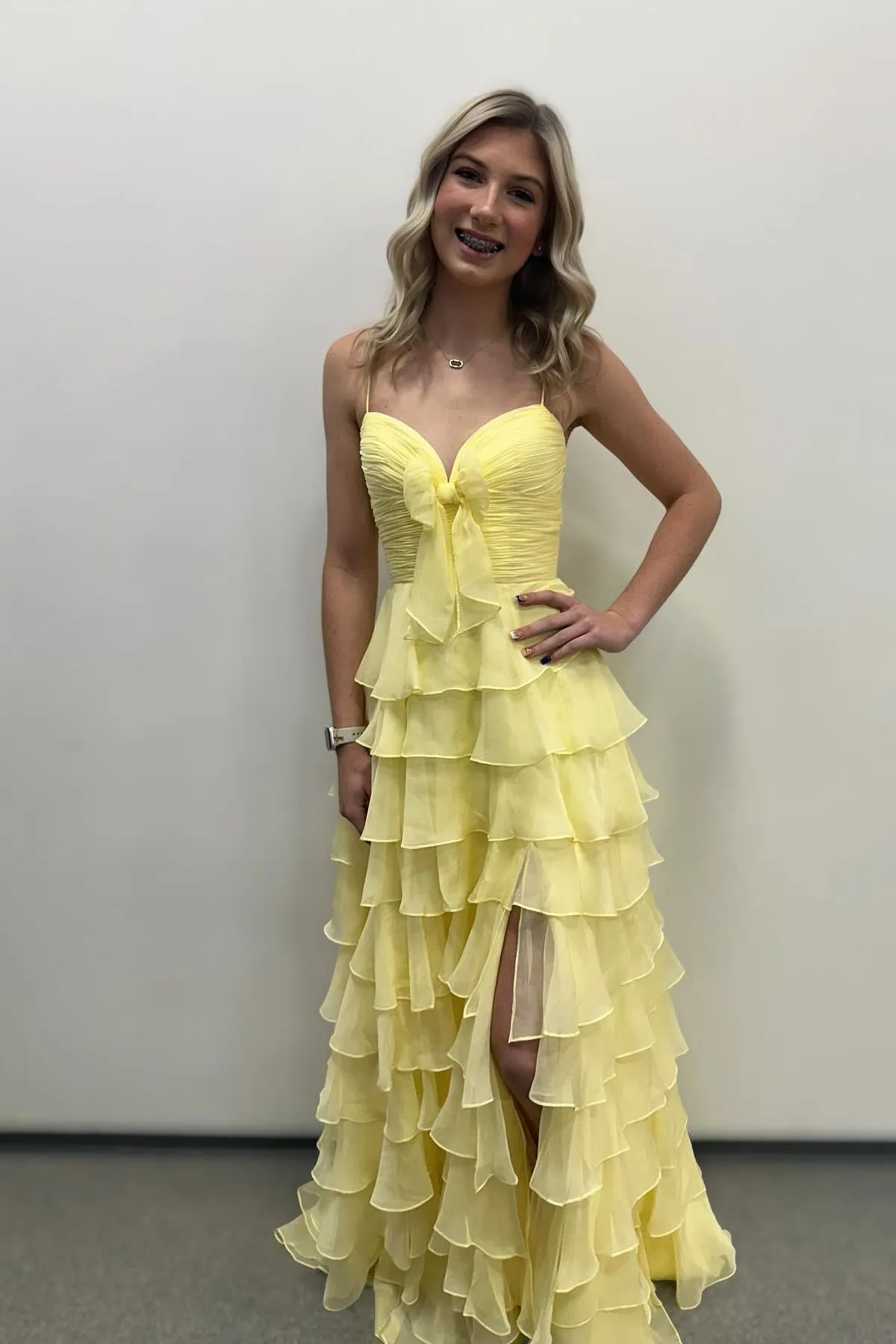 Long Ruffle Straps Yellow Tiered Prom Dress Chiffon sold by My Chic Dress