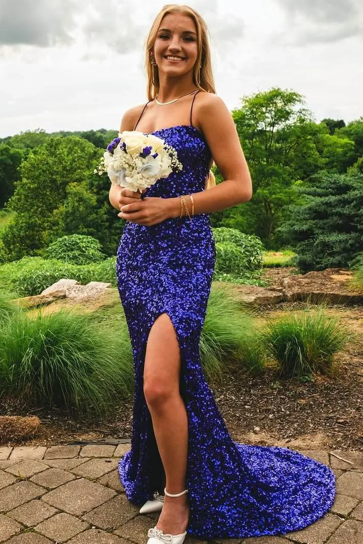 Affordable Sequined Purple Mermaid Prom Dress Spaghetti Straps sold by My Chic Dress