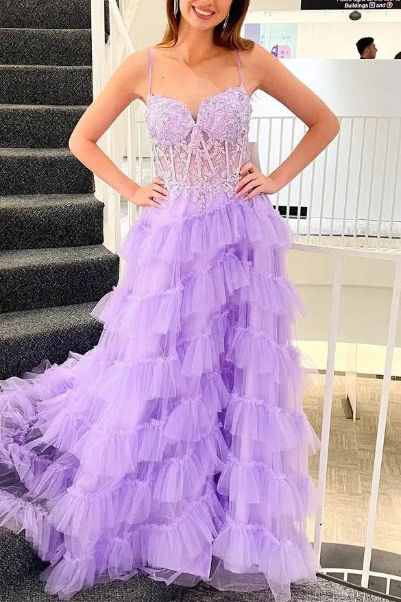 A-Line Tiered Lilac Puffy Prom Dresses Layered Tulle Spaghetti Straps V-Neck sold by My Chic Dress