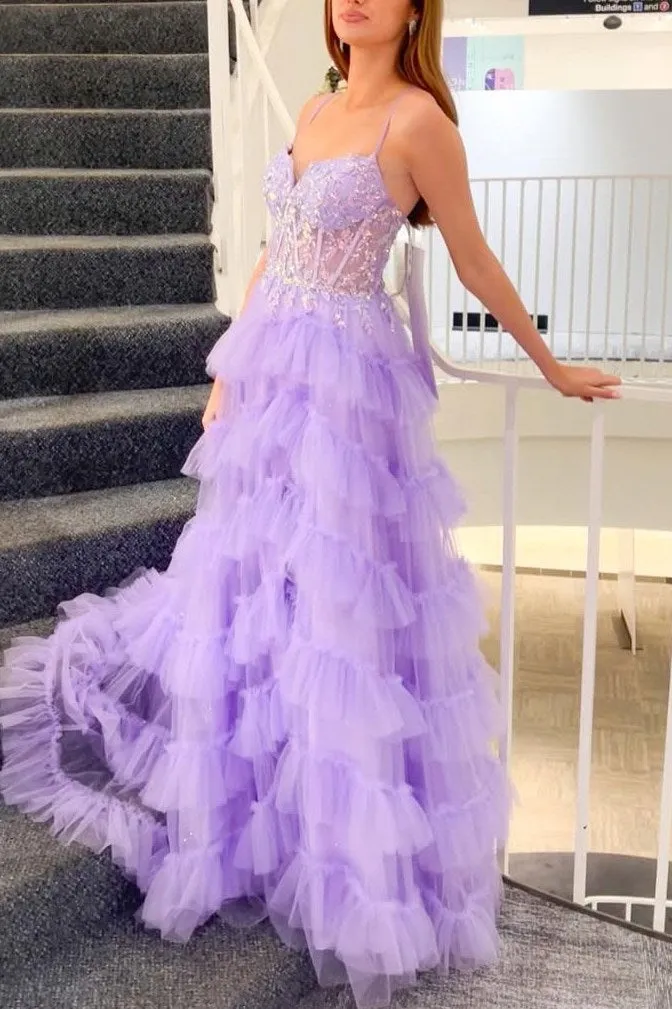 A-Line Tiered Lilac Puffy Prom Dresses Layered Tulle Spaghetti Straps V-Neck sold by My Chic Dress product image thumbnail 2