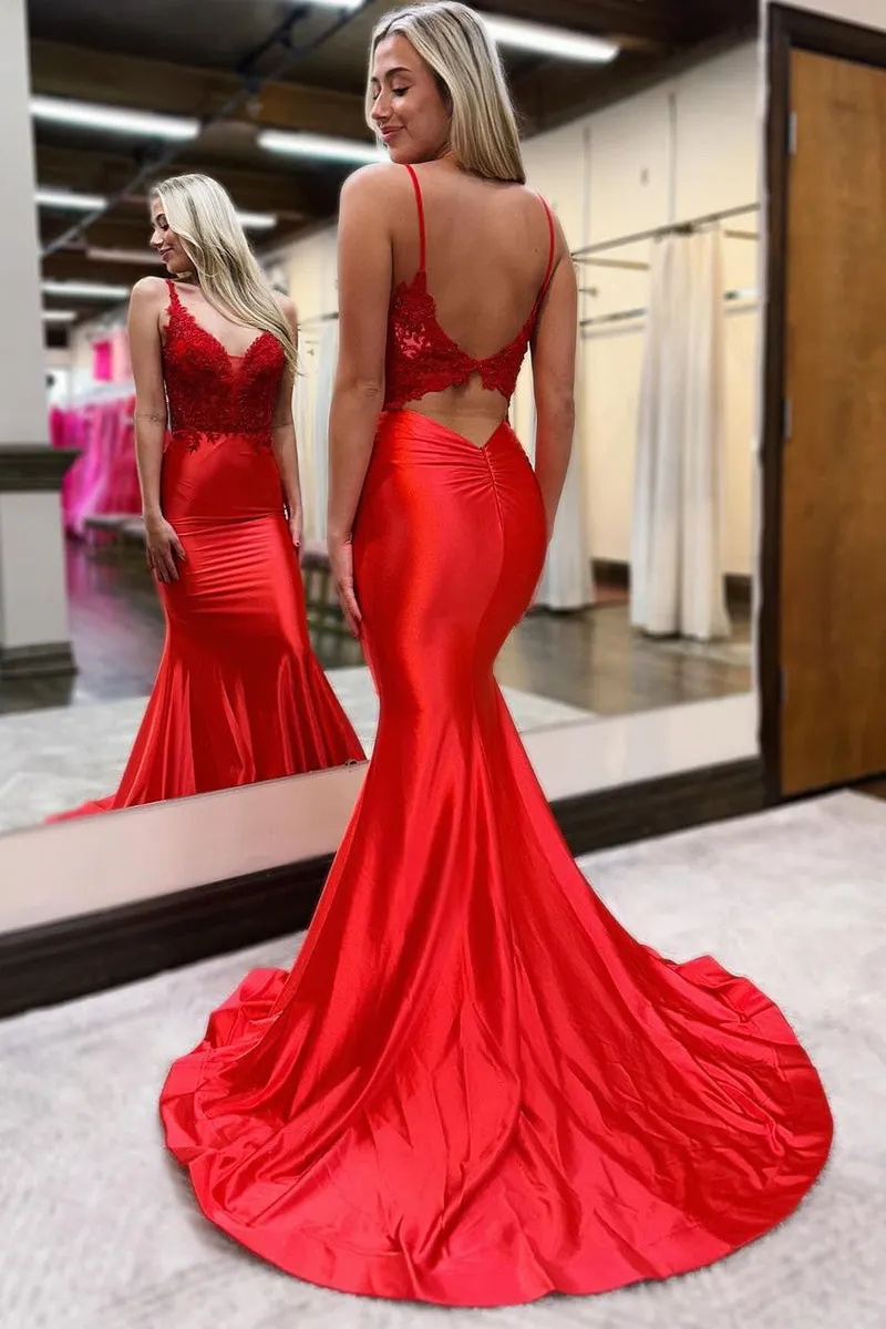 Mermaid V Neck Formal Gown Satin Long Prom Dress Red with Appliques sold by My Chic Dress product image thumbnail 2