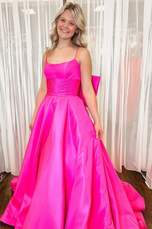A-Line Fuchsia Satin Prom Dresses Straps Scoop Neck with Bow sold by My Chic Dress