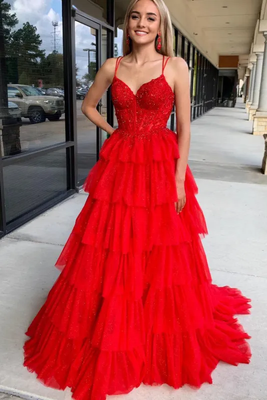 Tiered Red Prom Dress A Line Tulle Sweetheart with Appliques sold by My Chic Dress