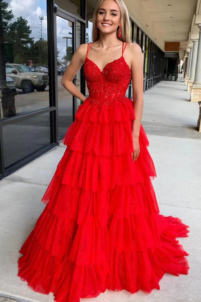 Tiered Red Prom Dress A Line Tulle Sweetheart with Appliques sold by My Chic Dress