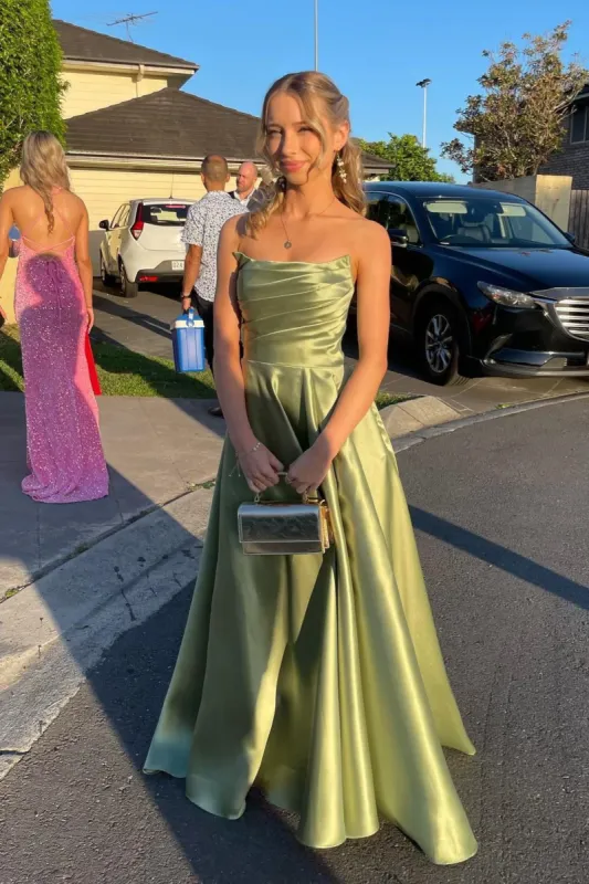 A-line Sage Green Wedding Guest Dress Strapless Satin Long Formal Gown sold by My Chic Dress