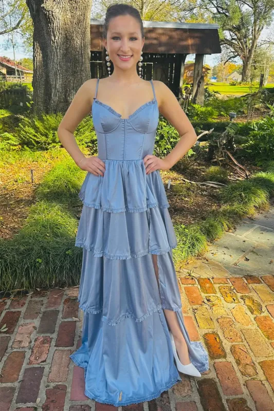 A-line Long Blue Tiered Prom Dress Straps V-neck with Slit sold by My Chic Dress