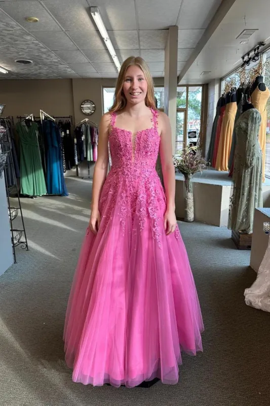 Cheap Lace Embroidery Hot Pink Long Prom Dress A-line sold by My Chic Dress