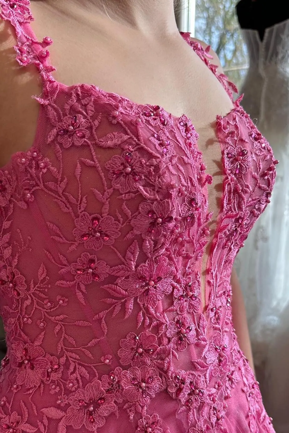 Cheap Lace Embroidery Hot Pink Long Prom Dress A-line sold by My Chic Dress product image thumbnail 2