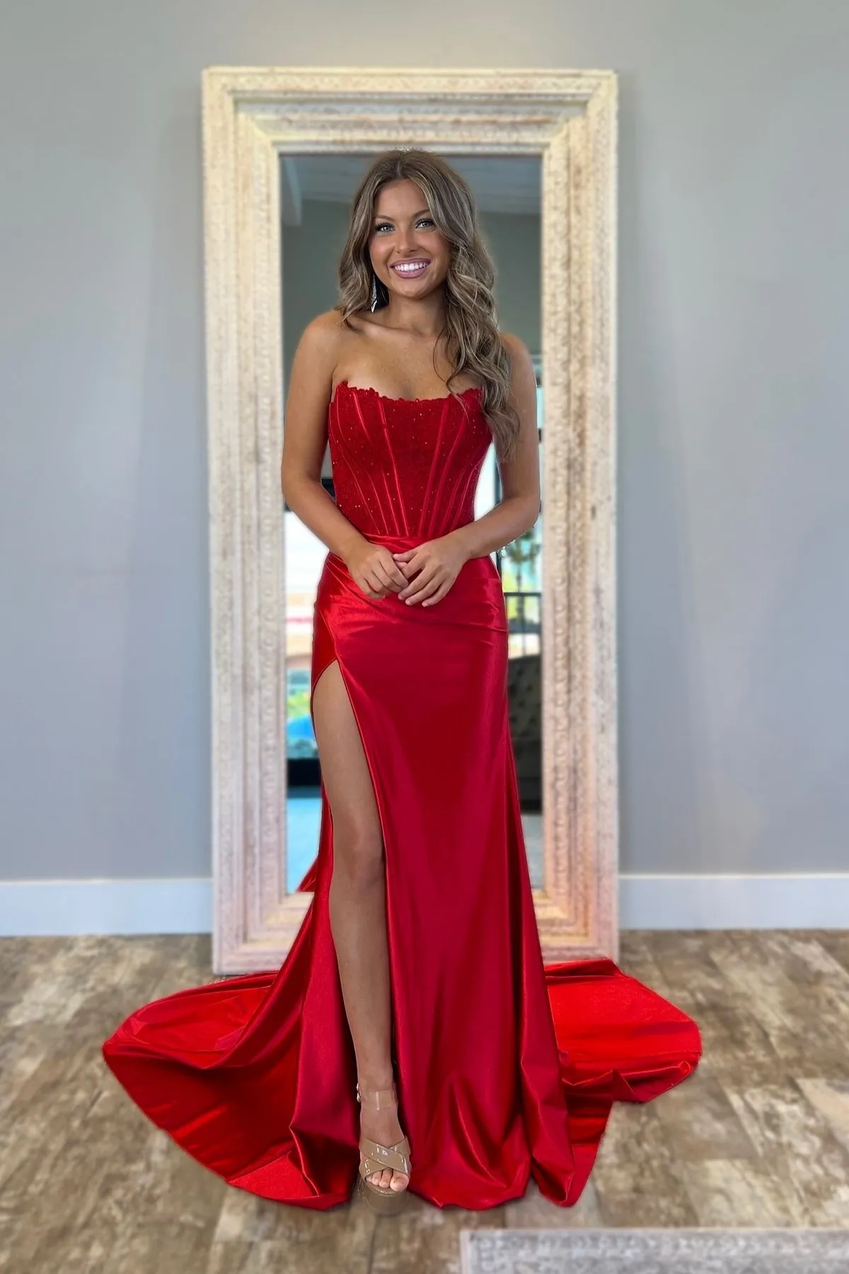 Strapless Red Lace 2025 Prom Dresses Satin Mermaid Evening Gown UK sold by My Chic Dress