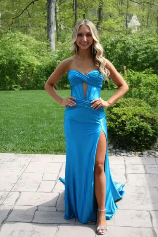 Strapless Satin Blue Long Formal Dress Sleeveless Mermaid with Slit sold by My Chic Dress