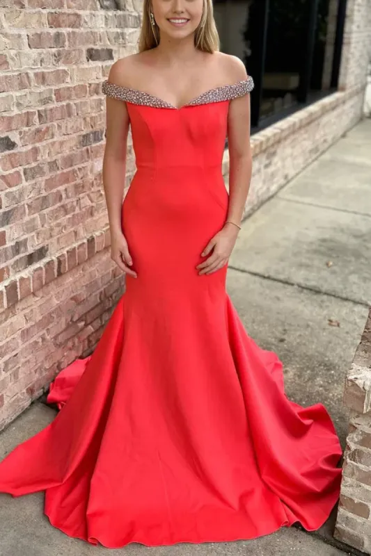 Mermaid Satin Long Off-Shoulder Red Formal Dress with Beads sold by My Chic Dress