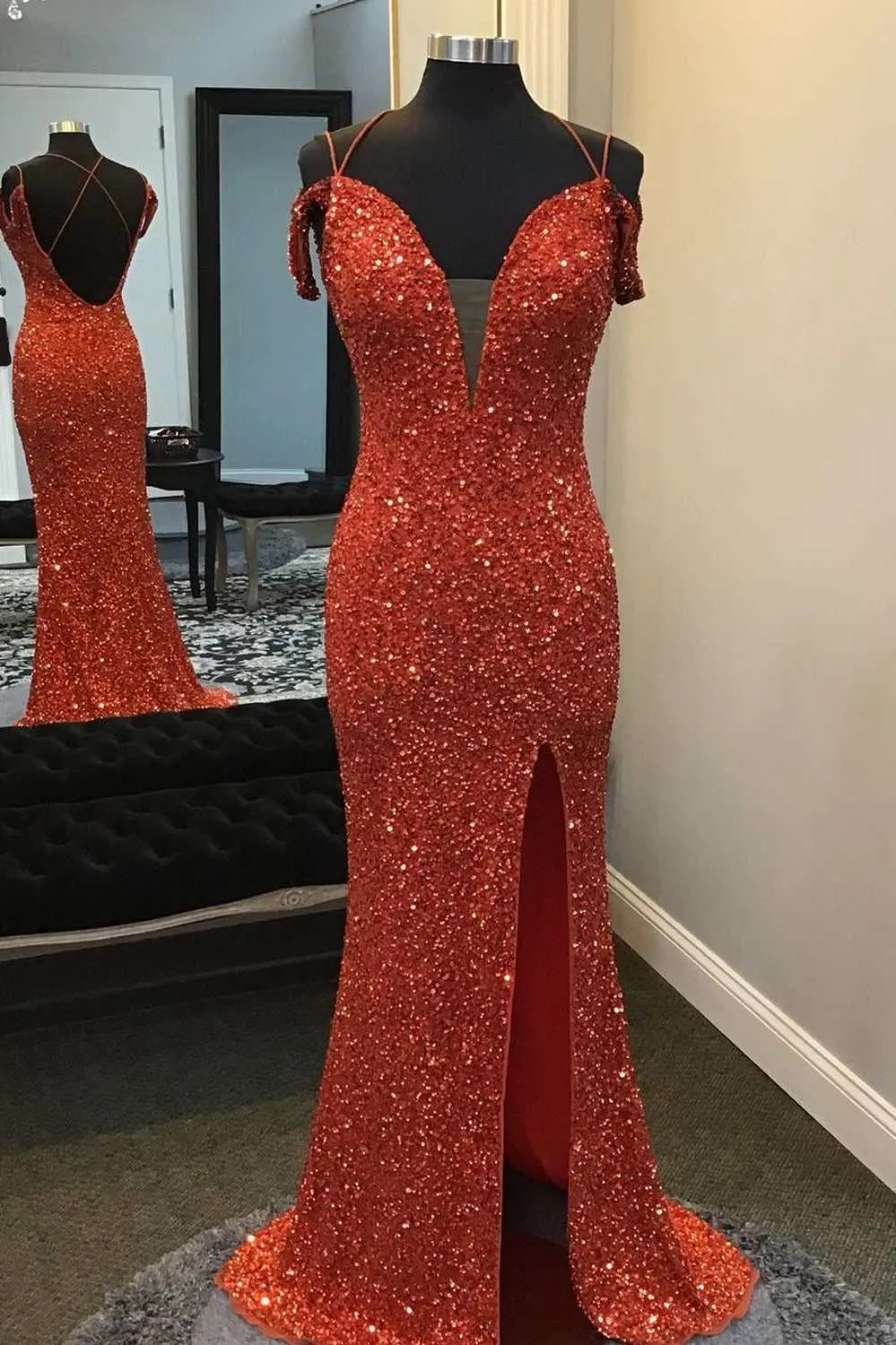 Red Long Prom Dress Sequined Off-the-Shoulder Mermaid Evening Gown with Slit sold by My Chic Dress
