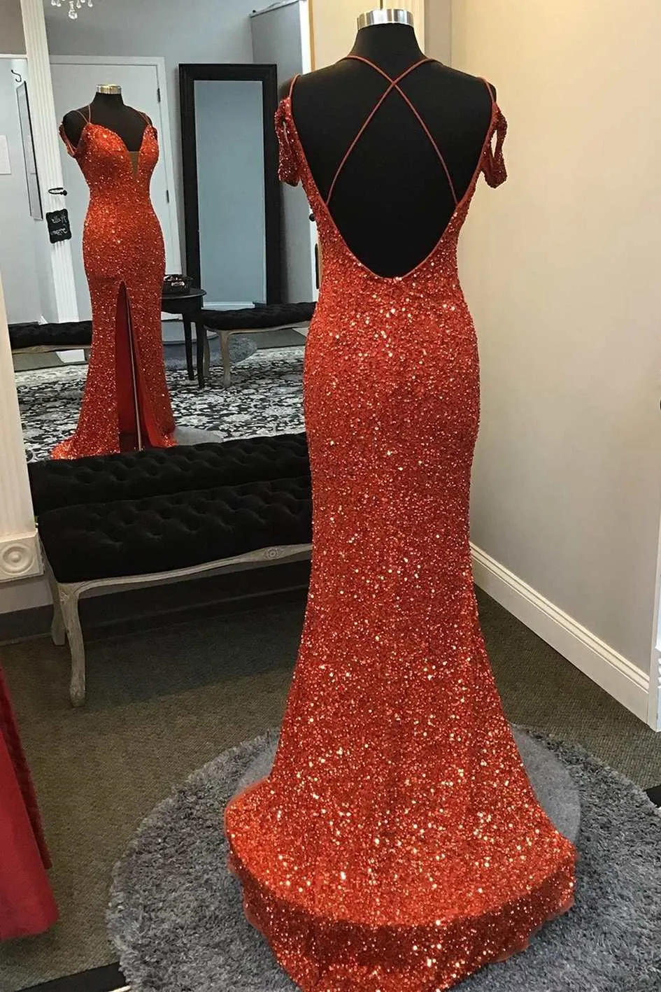 Red Long Prom Dress Sequined Off-the-Shoulder Mermaid Evening Gown with Slit sold by My Chic Dress product image thumbnail 2