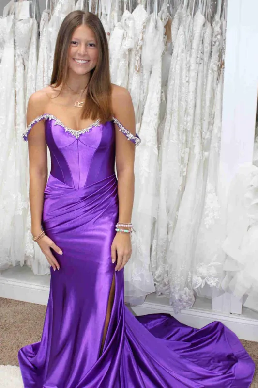 Mermaid Beaded Off the Shoulder Purple Prom Formal Dress with Slit sold by My Chic Dress