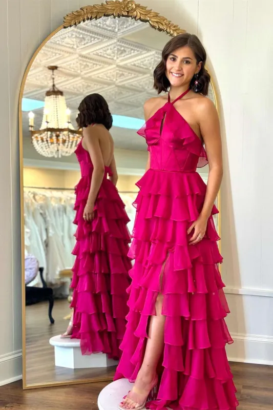 A-line Halter Fuchsia Ruffle Prom Dress Tiered Formal Dress sold by My Chic Dress