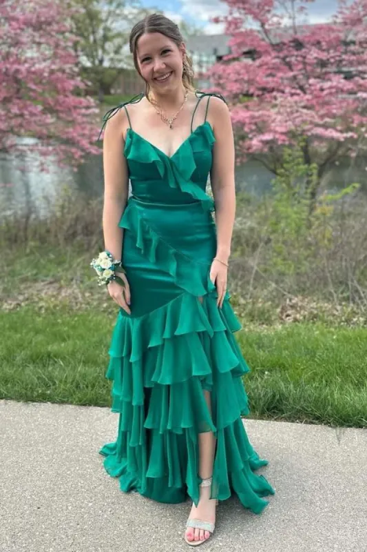 Emerald Green Chiffon Ruffle Prom Dress V-Neck Tiered Guest Dress sold by My Chic Dress