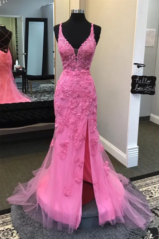 Hot Lace Mermaid Prom Dress Plunge Neck Pink Appliques with Slit sold by My Chic Dress