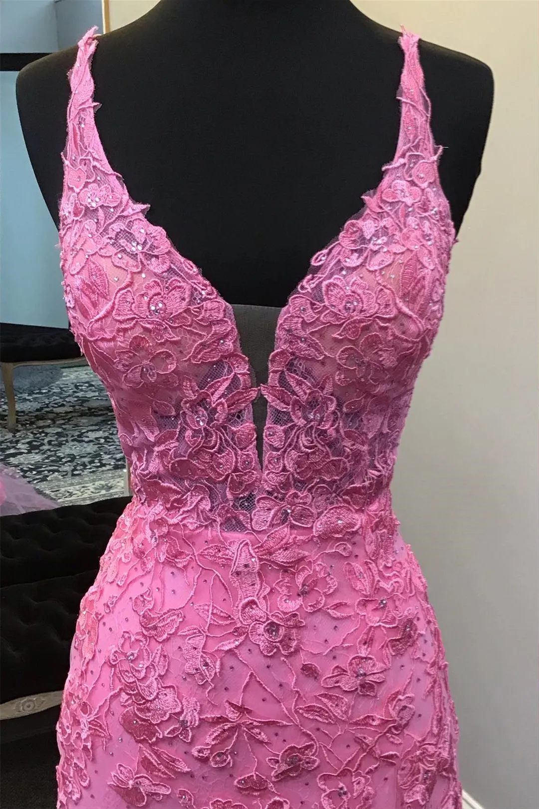 Hot Lace Mermaid Prom Dress Plunge Neck Pink Appliques with Slit sold by My Chic Dress product image thumbnail 2