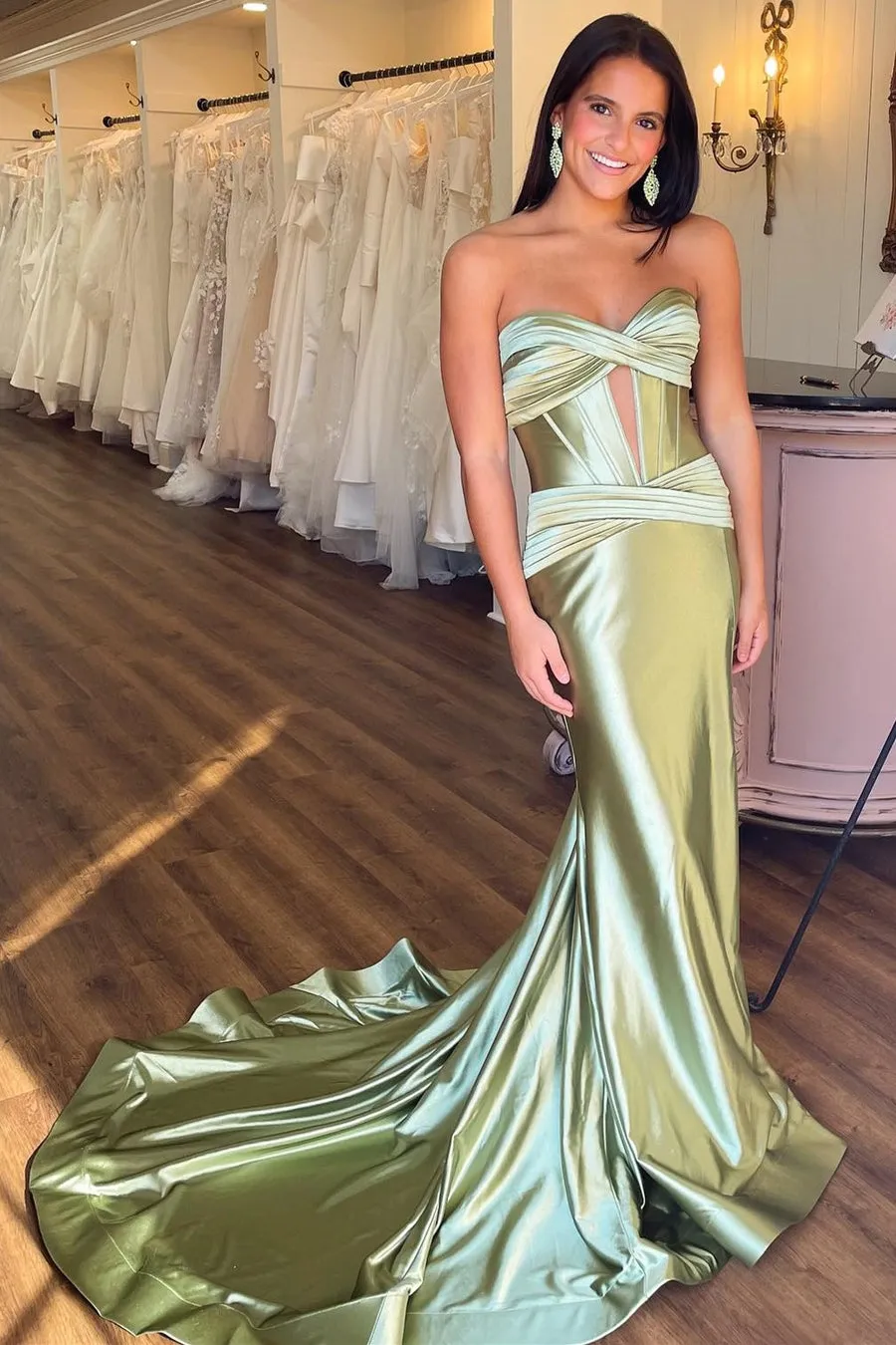 New Sage Green Prom Dress Satin Strapless Wedding Guest Dress Mermaid sold by My Chic Dress