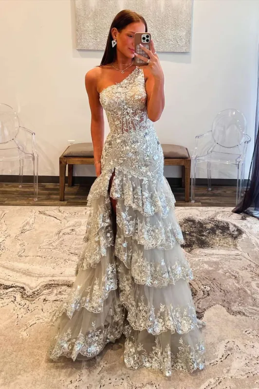 One Shoulder Sequin Silver Tiered Long Formal Dress sold by My Chic Dress