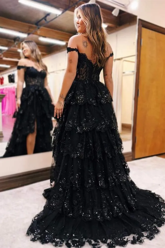 Plus Size Tiered Black Prom Dress Ruffles Off the Shoulder Sequin Lace sold by My Chic Dress product image thumbnail 2