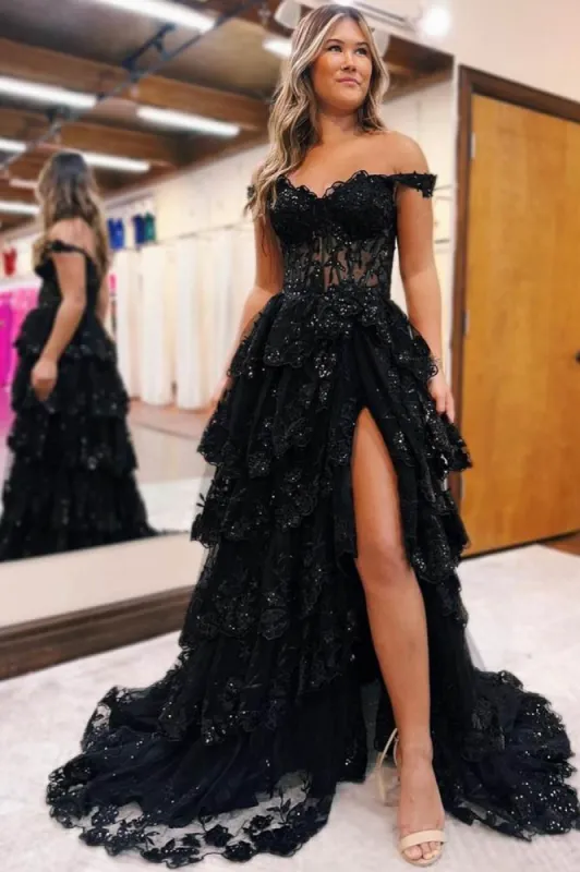 Plus Size Tiered Black Prom Dress Ruffles Off the Shoulder Sequin Lace sold by My Chic Dress