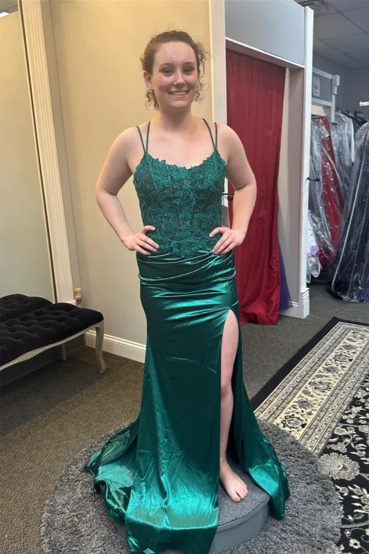 Long Satin Emerald Green Lace Prom Dresses Straps with Slit sold by My Chic Dress