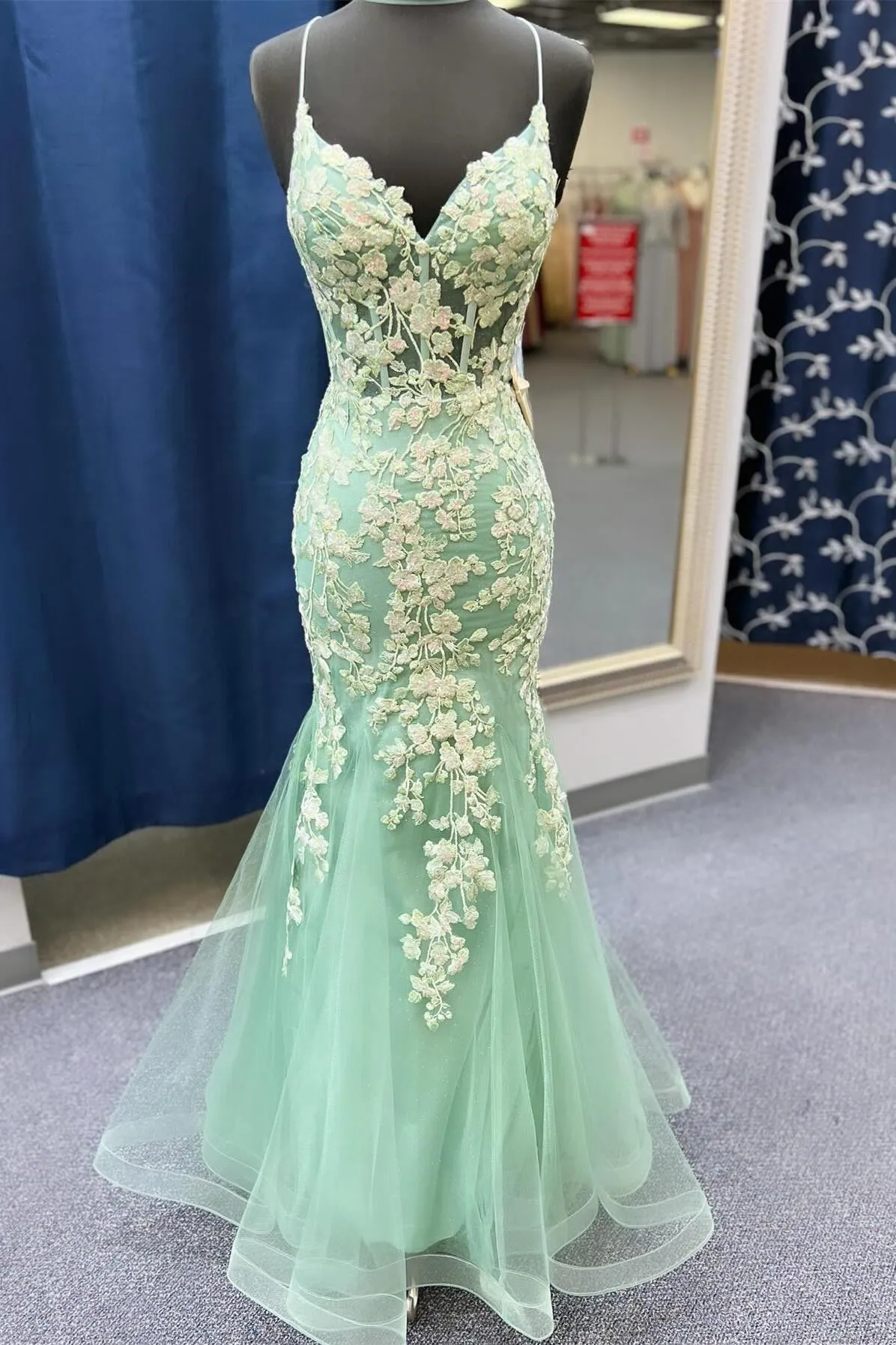 Spaghetti Straps Mermaid Lace Prom Dresses Sage Green Appliques sold by My Chic Dress
