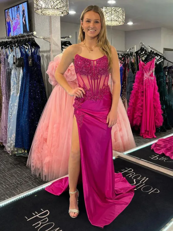 Strapless Fuchsia Prom Dresses Satin Mermaid Long Gown with Slit sold by My Chic Dress