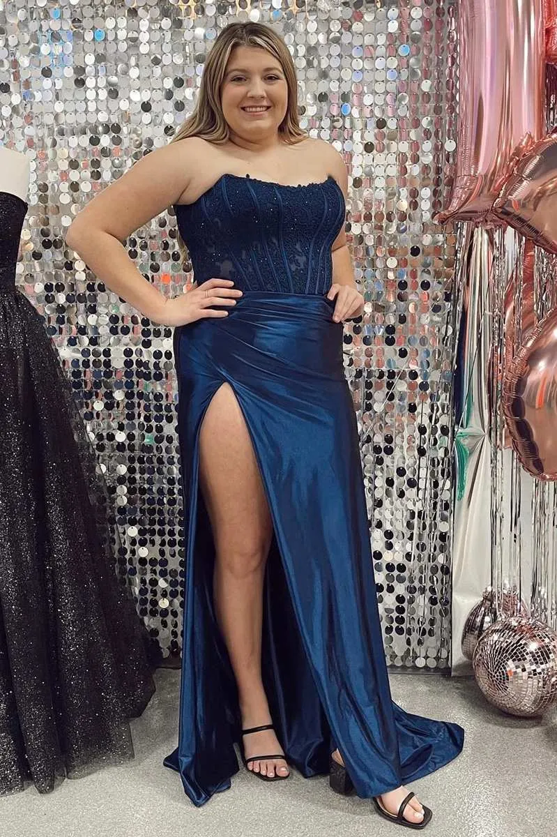 Mermaid Long Strapless Formal Dress Lace Satin Ruching with Slit sold by My Chic Dress product image thumbnail 5