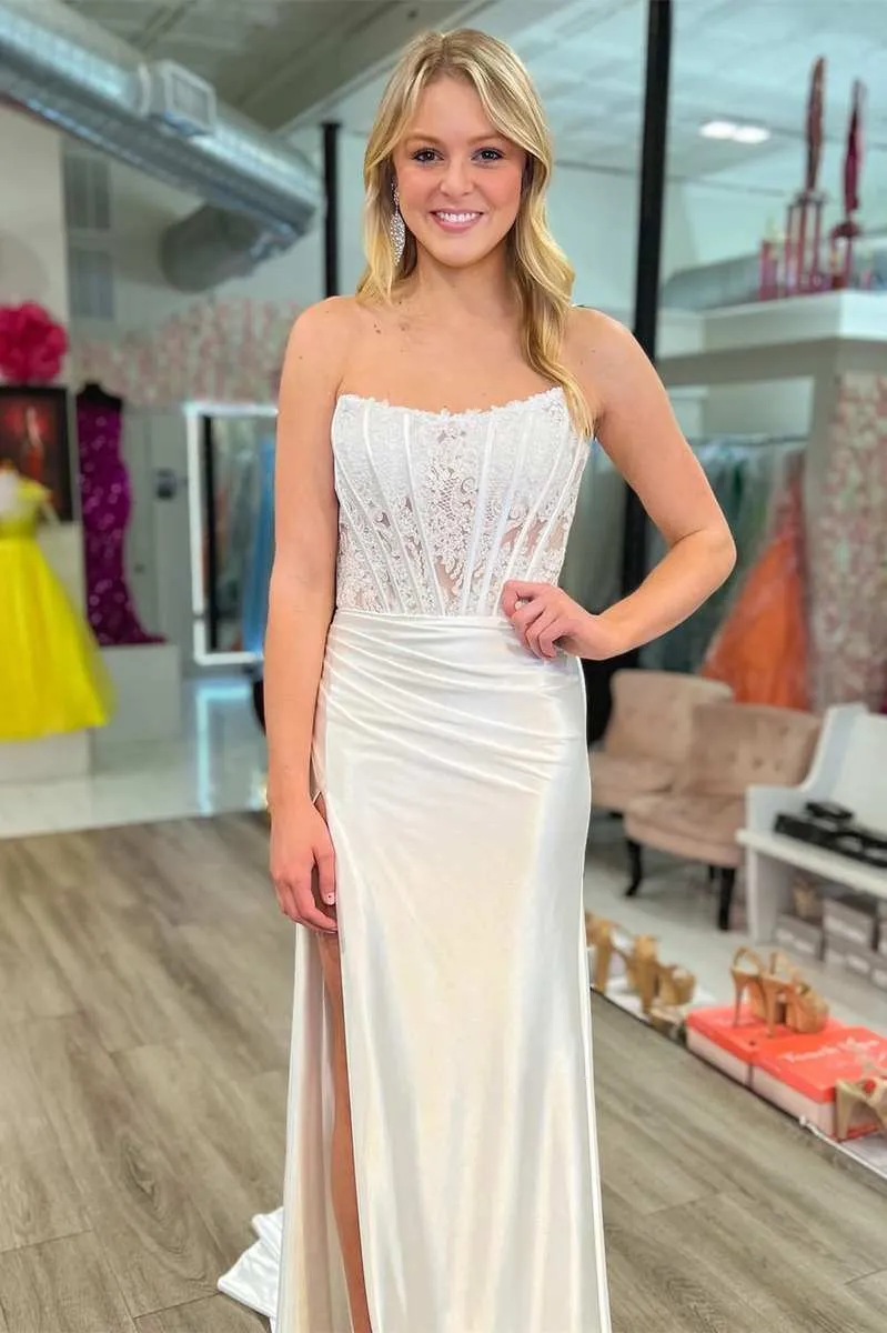 Mermaid Long Strapless Formal Dress Lace Satin Ruching with Slit sold by My Chic Dress product image thumbnail 3