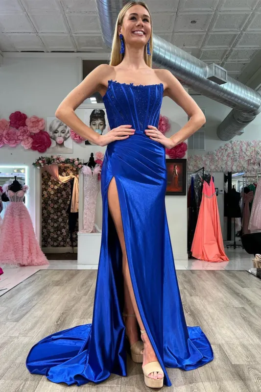 Mermaid Long Strapless Formal Dress 2025 Lace Satin Ruching with Slit sold by My Chic Dress
