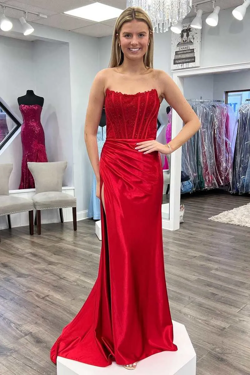 Mermaid Long Strapless Formal Dress Lace Satin Ruching with Slit sold by My Chic Dress product image thumbnail 4