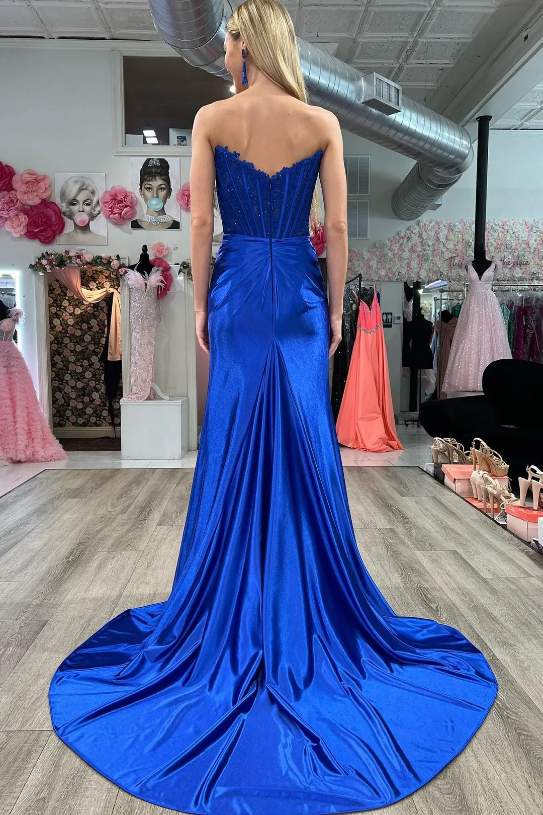 Mermaid Long Strapless Formal Dress Lace Satin Ruching with Slit sold by My Chic Dress product image thumbnail 2